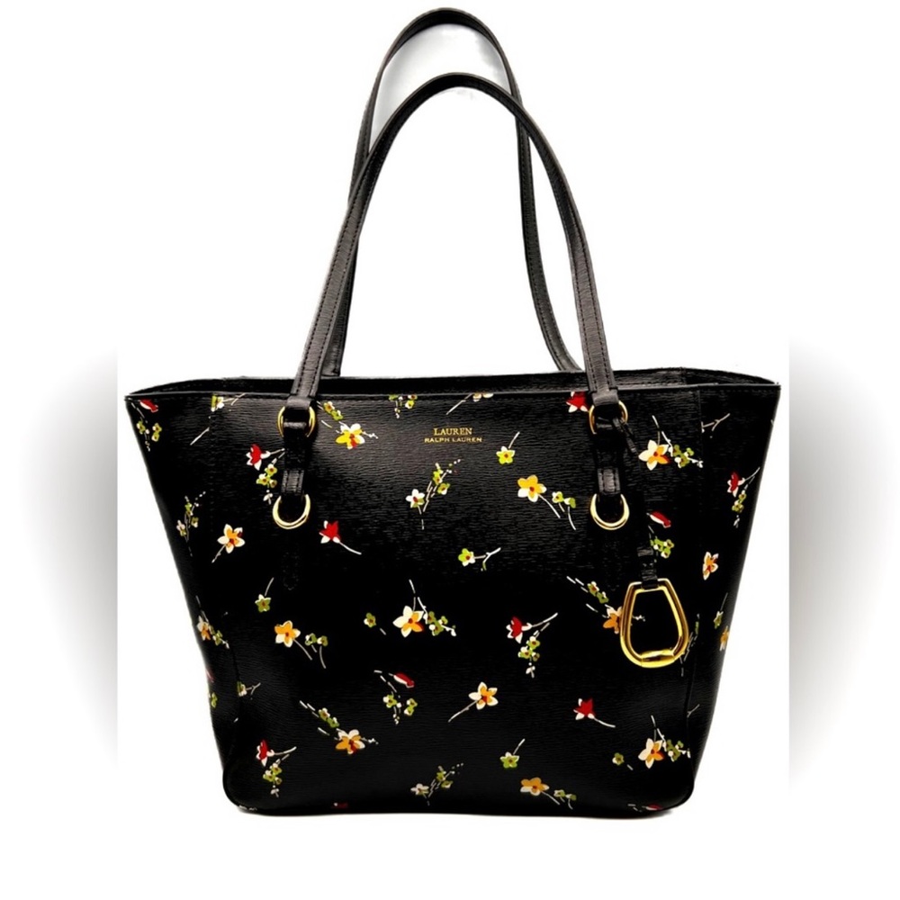 Ralph Lauren Bennington Black Saffiano Leather Floral Shopper Bag Tote Handbag